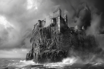 A fortress of solitude, standing resilient against the howling winds and seas, a beacon of solitude and defiance - obrazy, fototapety, plakaty