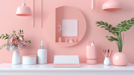 A desk with a laptop, vases and a mirror - obrazy, fototapety, plakaty