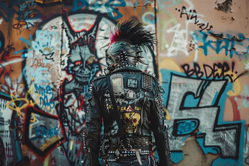 A punk lord reigning over an urban kingdom, graffiti his crest and leather his armor