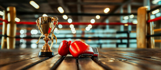 trophée en or à côté de gants de boxe pour le vainqueur d'un tournois de boxe