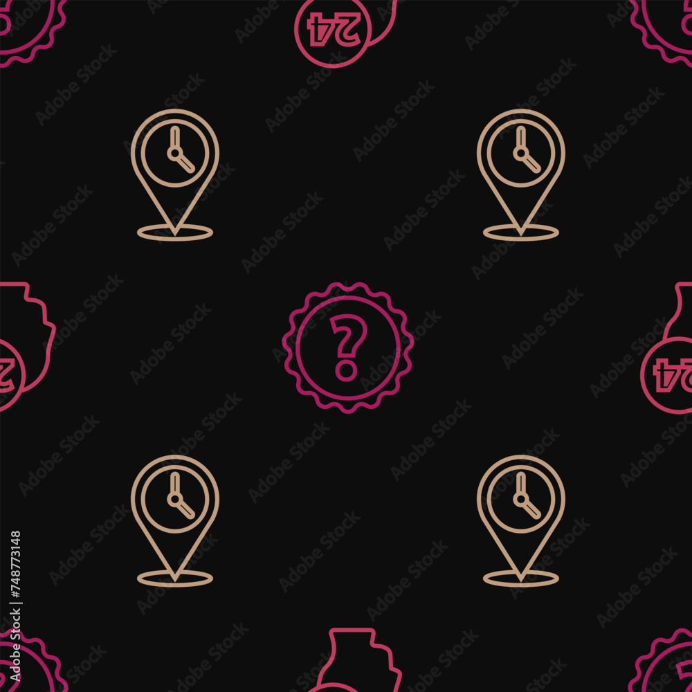 Poster set line support operator in touch, location with clock and question mark on seamless pattern. vecto