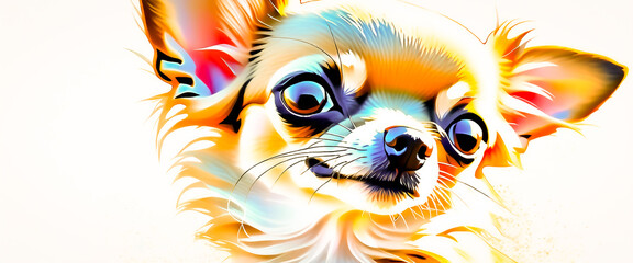 Close up of the dog's face. Illustration of a long haired Chihuahua in vector style. Isolated on a white background.