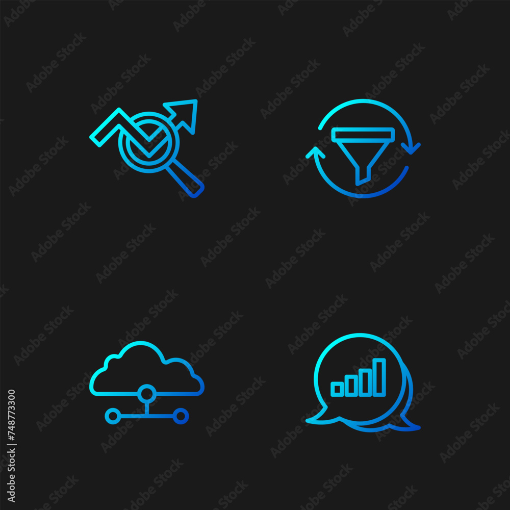 Poster set line pie chart infographic, network cloud connection, search data analysis and sales funnel with