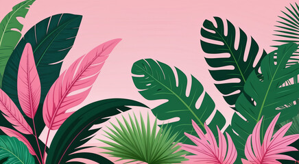 palm jungle leaves pink background Generative AI