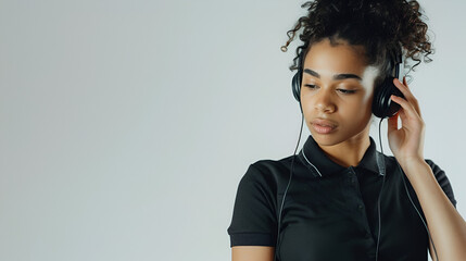 young girl dispatcher in a black polo working in a call center close-up on a white background with copy space