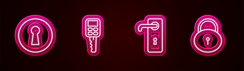 Set line Keyhole, Car key with remote, Door handle and Lock. Glowing neon icon. Vector