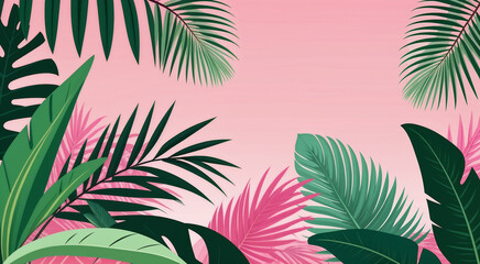 Fototapeta na wymiar palm jungle leaves pink background Generative AI