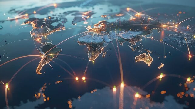 Global supply chain network with interconnected shipping routes and distribution hubs.