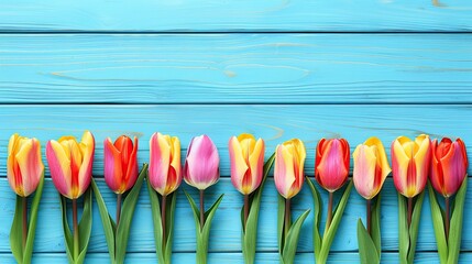 Tulips on wooden turquoise backdrop