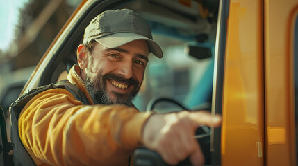 smiling taxi driver in a cap close-up - obrazy, fototapety, plakaty
