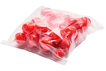 A bag of heart shaped candies is displayed on a plain white background. The candies are various colors and sizes, creating a festive and cheerful image.