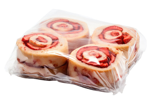 Four Slices Of Food, Individually Wrapped In Plastic. The Plastic Packaging Is Transparent, Allowing The Contents To Be Visible. The Items Appear Fresh And Ready For Consumption.