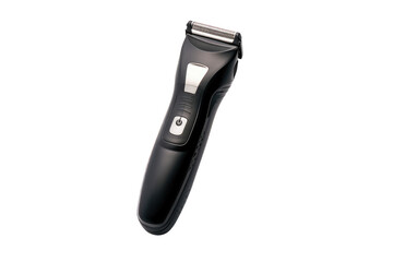A detailed close up shot of a professional hair clipper placed against a plain white background. The clipper appears sleek and modern, showcasing its sharp blades and ergonomic design.