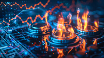Gas burners with superimposed rising financial graphs, symbolizing the fluctuating energy market costs - obrazy, fototapety, plakaty
