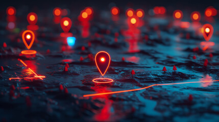 Glowing geolocation hologram over modern city. Geolocation and distributed data concept.