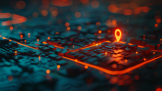 Glowing geolocation hologram over modern city. Geolocation and distributed data concept.