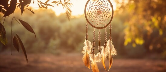 A detailed view of a handmade dream catcher hanging from a sturdy tree branch. The dream catcher is adorned with feathers, threads, beads, and a rope, swaying gently in the breeze.