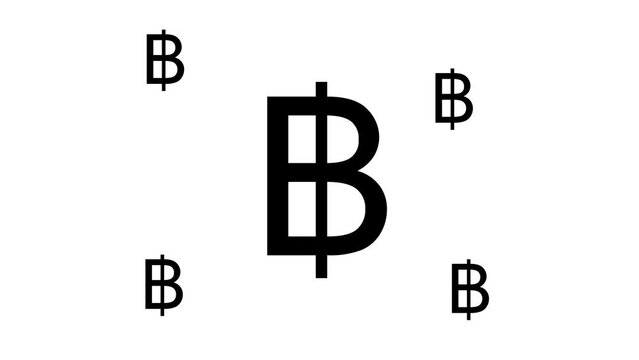 Zoom in and out animation the thai baht symbol. Large black symbol in the center and four small symbols around. Seamless looped 4k animation on white background
