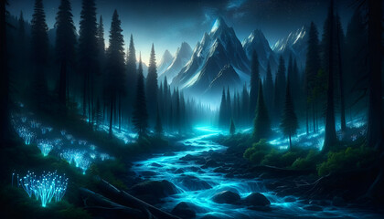 Bioluminescent River through Enchanted Forest