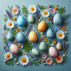 Fototapeta na wymiar A beautiful arrangement of painted Easter eggs nestled among spring flowers and greenery. This festive composition embodies the freshness and joy of the Easter season.