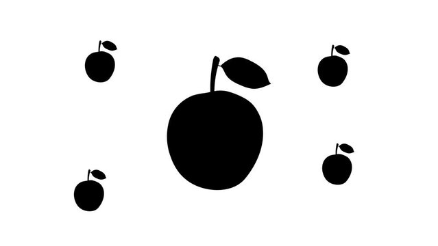 Zoom in and out animation the apple symbol. Large black symbol in the center and four small symbols around. Seamless looped 4k animation on white background