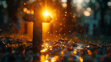 crucifixion glowing evening sun background - obrazy, fototapety, plakaty