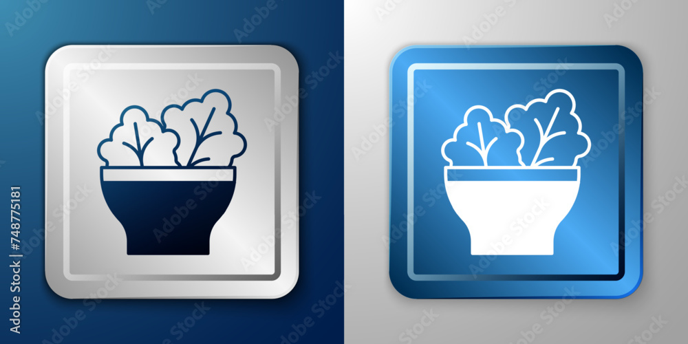 Poster White Salad in bowl icon isolated on blue and grey background. Fresh vegetable salad. Healthy eating. Silver and blue square button. Vector