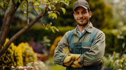gardener in a green T-shirt and gray overalls against the backdrop of a garden with copy space