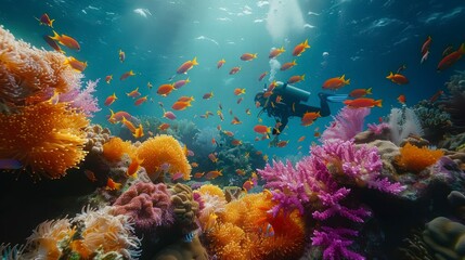 Fototapeta na wymiar A Diver's Journey Among Vibrant Coral Reefs and Swirling Schools of Colorful Fish