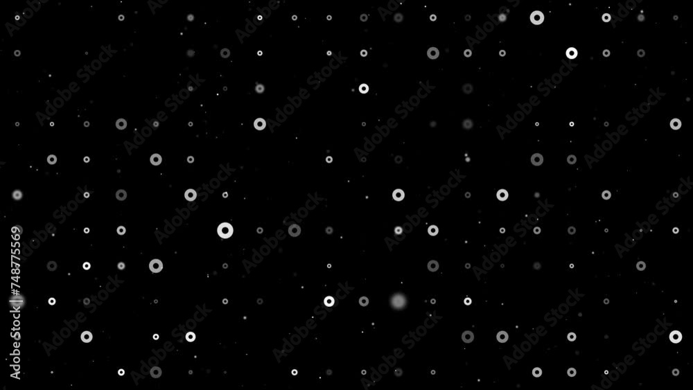 Poster template animation of evenly spaced record media symbols of different sizes and opacity. animation o
