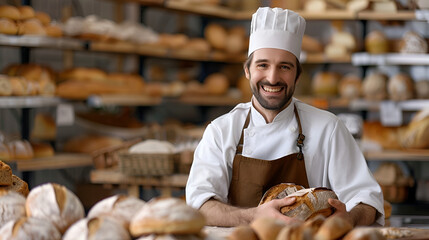 bakery banner, smiling baker in an apron and white cap on the background of a bakery with copy space and place for text - obrazy, fototapety, plakaty
