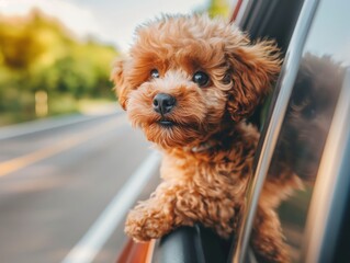 Cheerful dog sticking his nose out of the car window