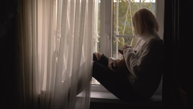 lonely woman by the window caresses her little dog - pets, affection