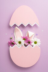 Explore our trendy Easter setup. Top view vertical snapshot of lush chrysanthemums, rabbit ears emerging from a pink broken egg on a light lilac canvas, leaving space for custom greetings or marketing