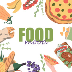 frame with text, delicious variety of picnic food around the inscription. croissants, hot dogs, meat, wine, fruit, pizza and snacks. vector illustration on white background