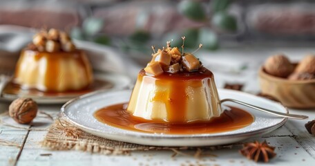 Naklejka premium Silky Sensations - Cream Caramel Pudding Drizzled with Velvety Sauce