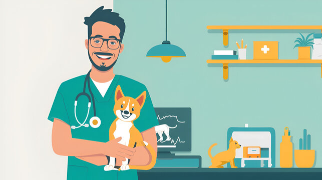 veterinarian with a dog in his arms in flat style with an image for text