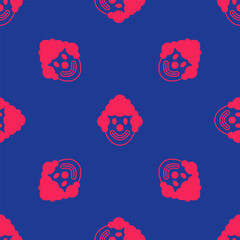 Red Clown head icon isolated seamless pattern on blue background. Vector