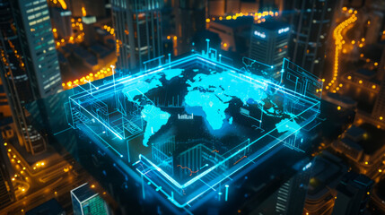 Glowing geolocation hologram with world map over modern city. Geolocation and distributed data concept.