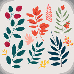 Vector set on white background with leaves, berries, flowers
