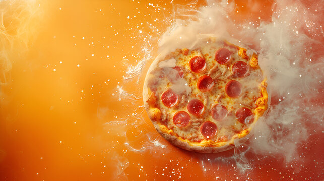 Creative layout of hot delicious pizza with smoke in flying on summer orange background. copy space. generative ai