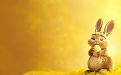 Obraz premium Cartoon bunny hugging an Easter egg, yellow background