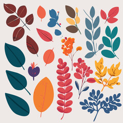 Obraz premium Vector set on white background with leaves, berries, flowers