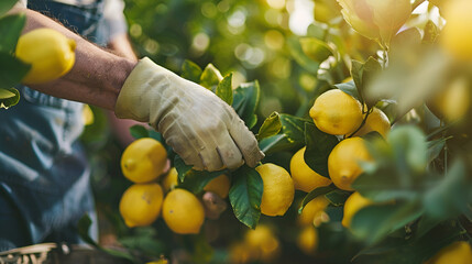 job advertisement for picking lemons with space for text, lemon picker collecting lemons close-up with space for text - obrazy, fototapety, plakaty