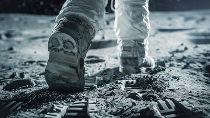 The astronaut's feet touch the surface of the moon, taking steps in a space suit and boots.