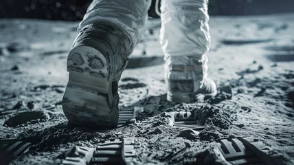 Fototapeten The astronaut's feet touch the surface of the moon, taking steps in a space suit and boots. © sema_srinouljan