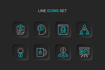Fototapeta premium Set line Board with graph, Hierarchy dollar, Cup of tea, Light bulb, Employee hierarchy, Telephone 24 hours support, Business man planning mind and Contract money icon. Vector