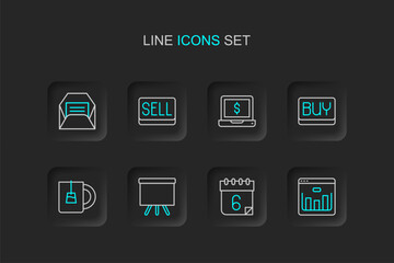 Set line Browser with stocks market, Calendar, Chalkboard, Cup of tea, Buy button, Laptop dollar, Sell and Envelope icon. Vector