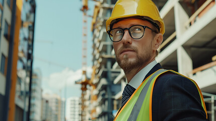 contractor in a yellow hardhat stands with his back against the background of a building under construction with space for text - obrazy, fototapety, plakaty