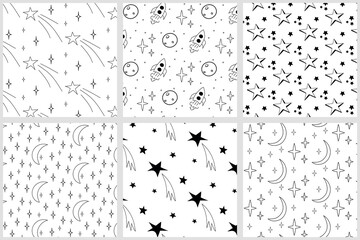 Space seamless pattern set. Black outline moon, stars and rocket repeat on white background. Doodle monochrome design. Vector illustration.